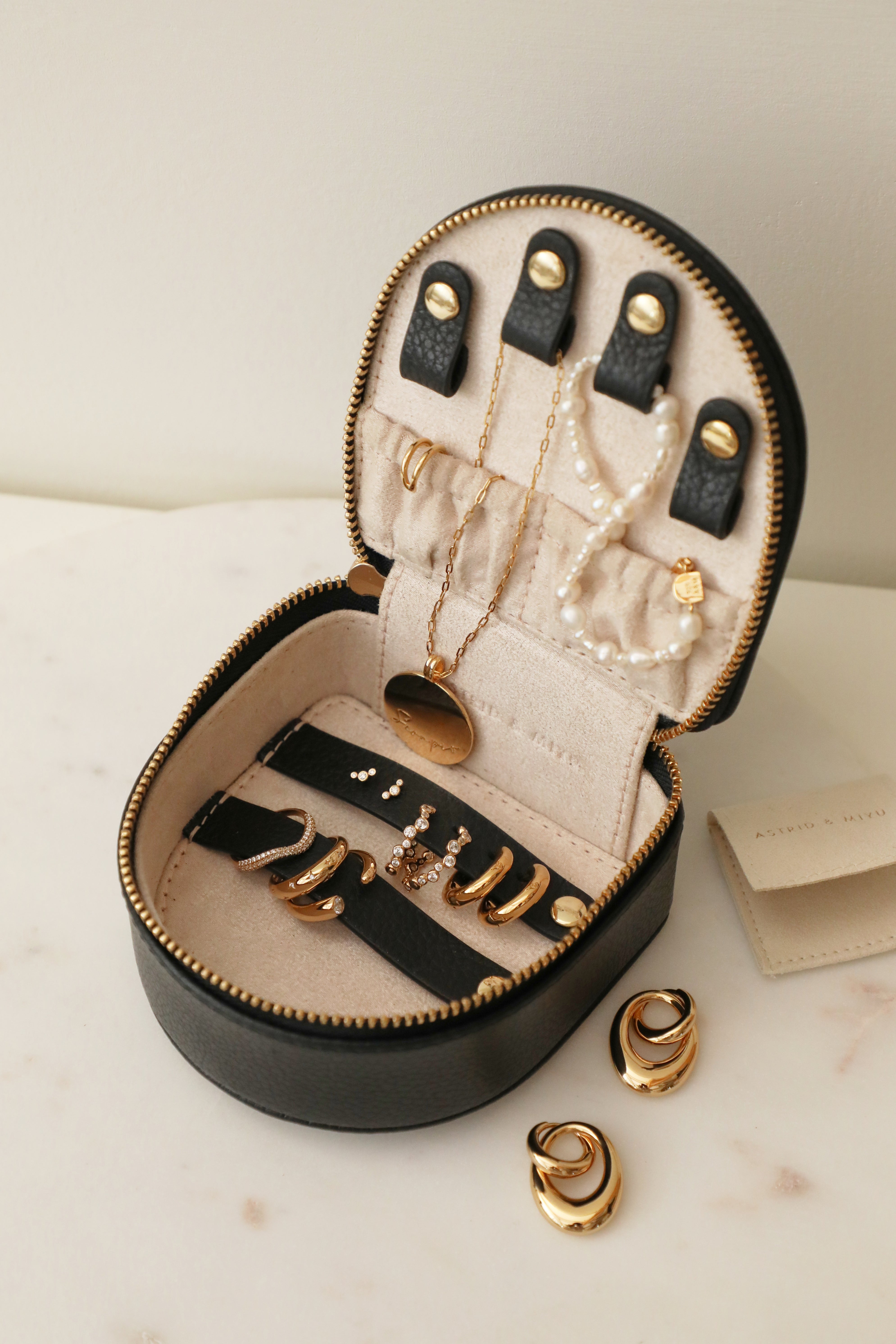 Jewellery Boxes - Leather Travel Jewellery Box in Black - Jewellery Box - Astrid & Miyu