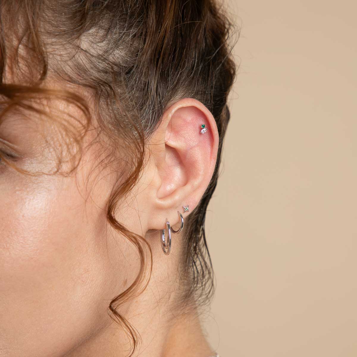 Flat Back Labret Studs - Diamond & Emerald Pear Piercing Stud in Solid White Gold - Piercing Stud - Astrid & Miyu