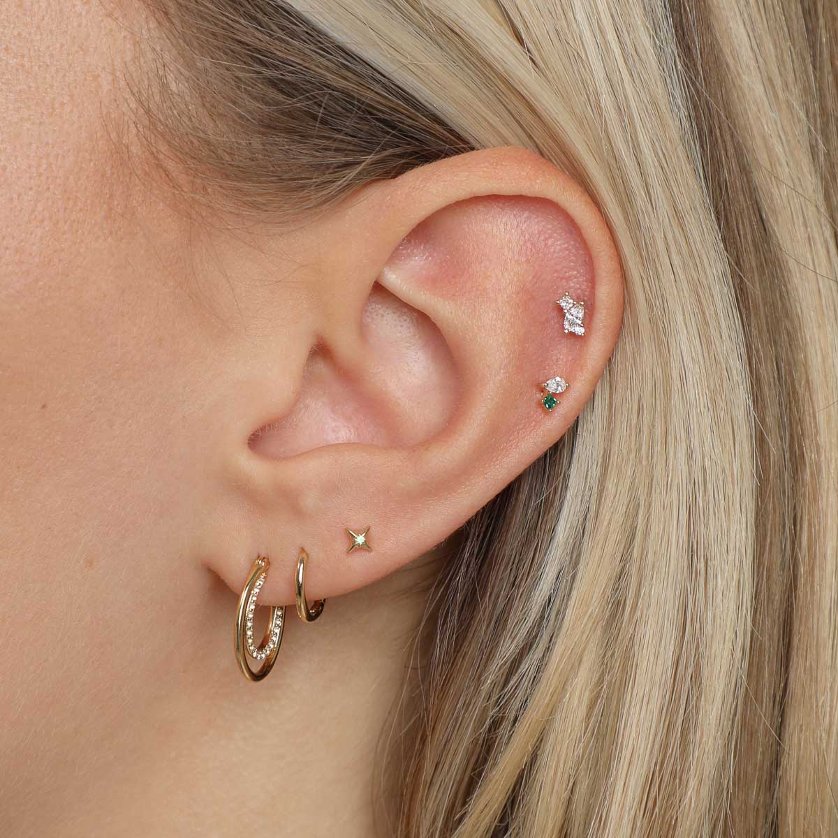 Diamond & Emerald Pear Piercing Stud in Solid Gold-Astrid & Miyu