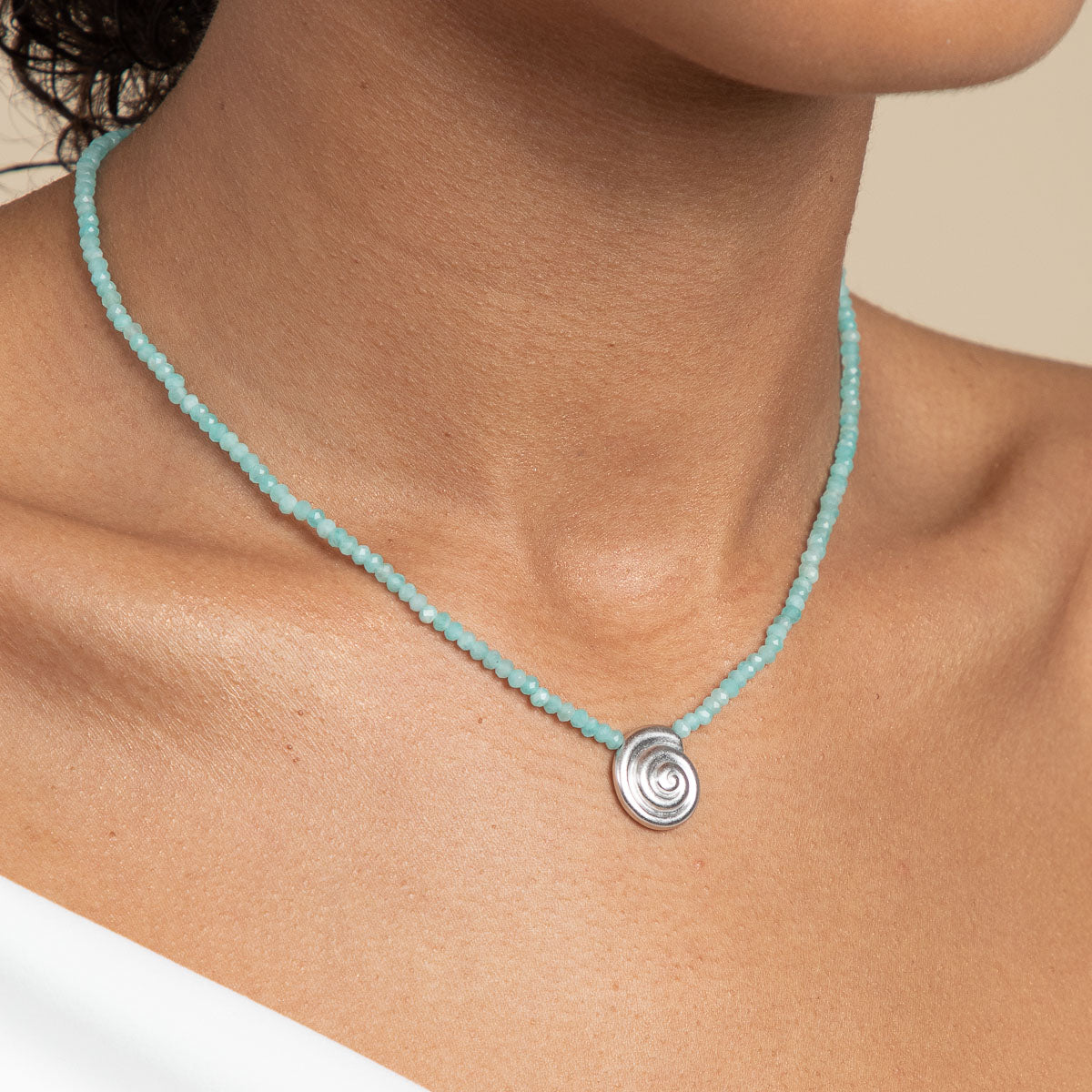 Gemstone Necklaces - Amazonite Shell Pendant Necklace in Silver - Pendant Necklace - Astrid & Miyu