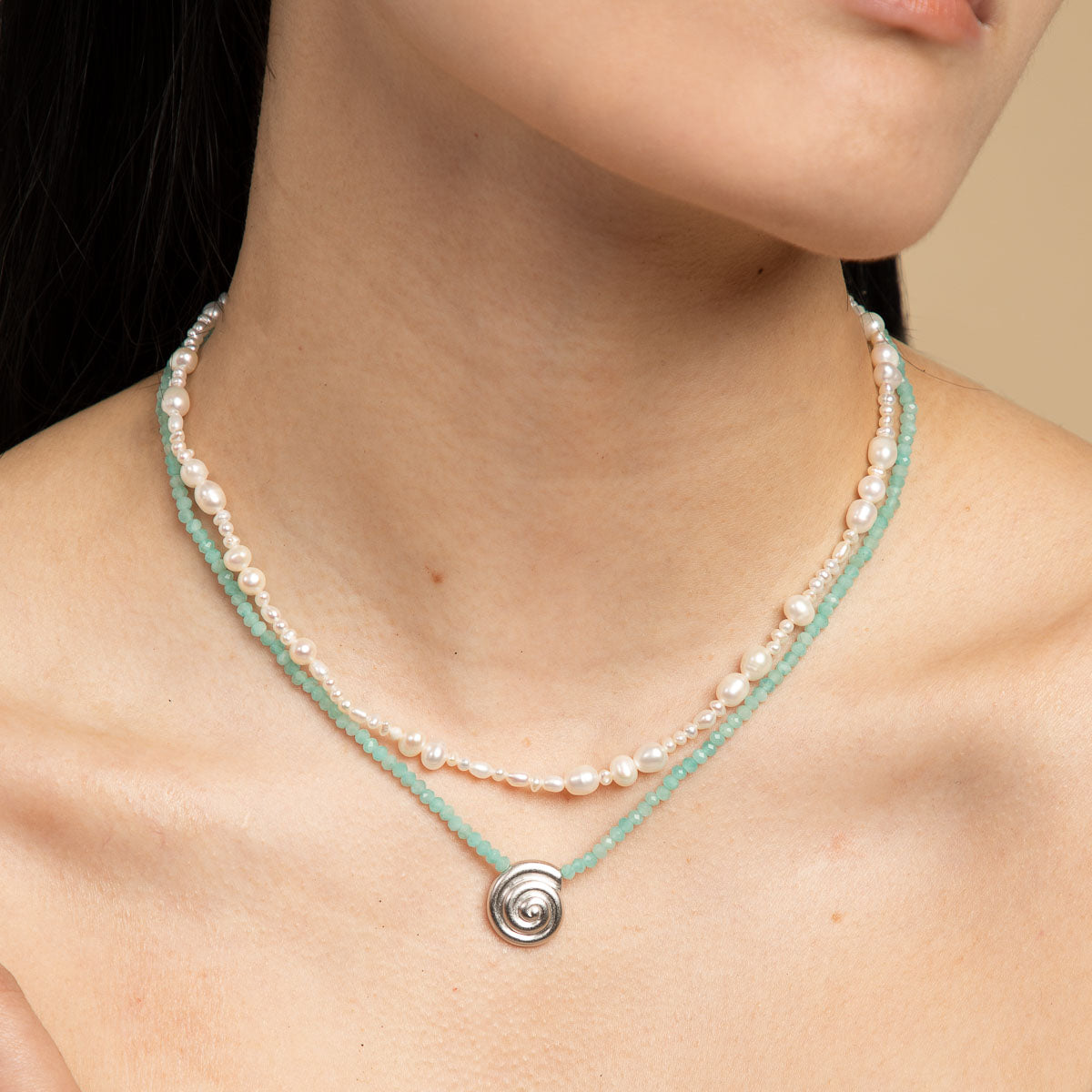 Gemstone Necklaces - Amazonite Shell Pendant Necklace in Silver - Pendant Necklace - Astrid & Miyu