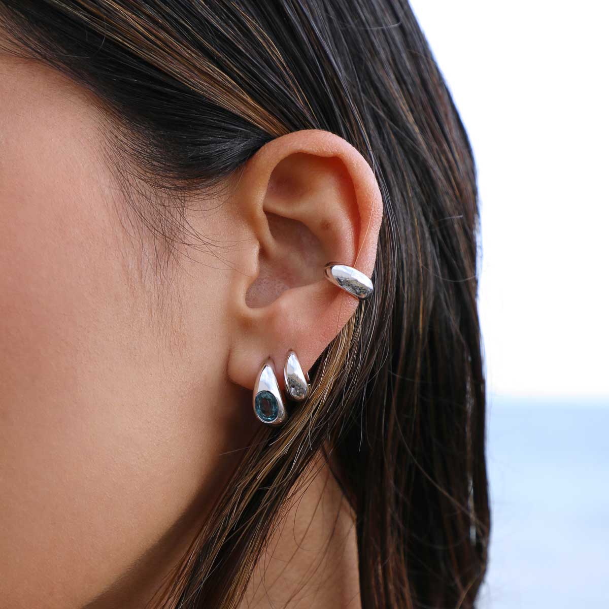 Blue Topaz Dome Hoops in Silver - Hoop Earrings - Astrid & Miyu
