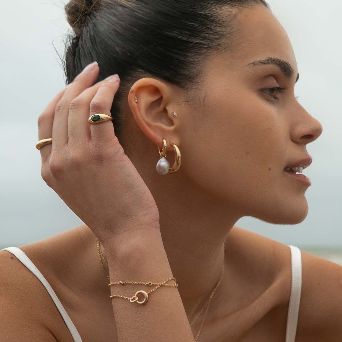 Gold Hoops - Tranquility Pearl Charm Hoops in Gold - Hoop Earrings - Astrid & Miyu