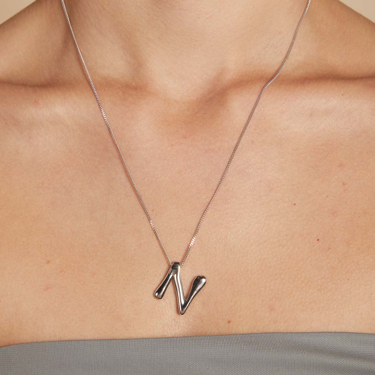 Necklaces & Bracelets - N Initial Bold Pendant Necklace in Silver - Pendant Necklace - Astrid & Miyu