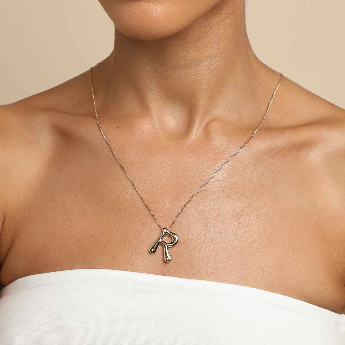 18k Gold Plated Jewellery - R Initial Bold Pendant Necklace in Gold - Pendant Necklace - Astrid & Miyu