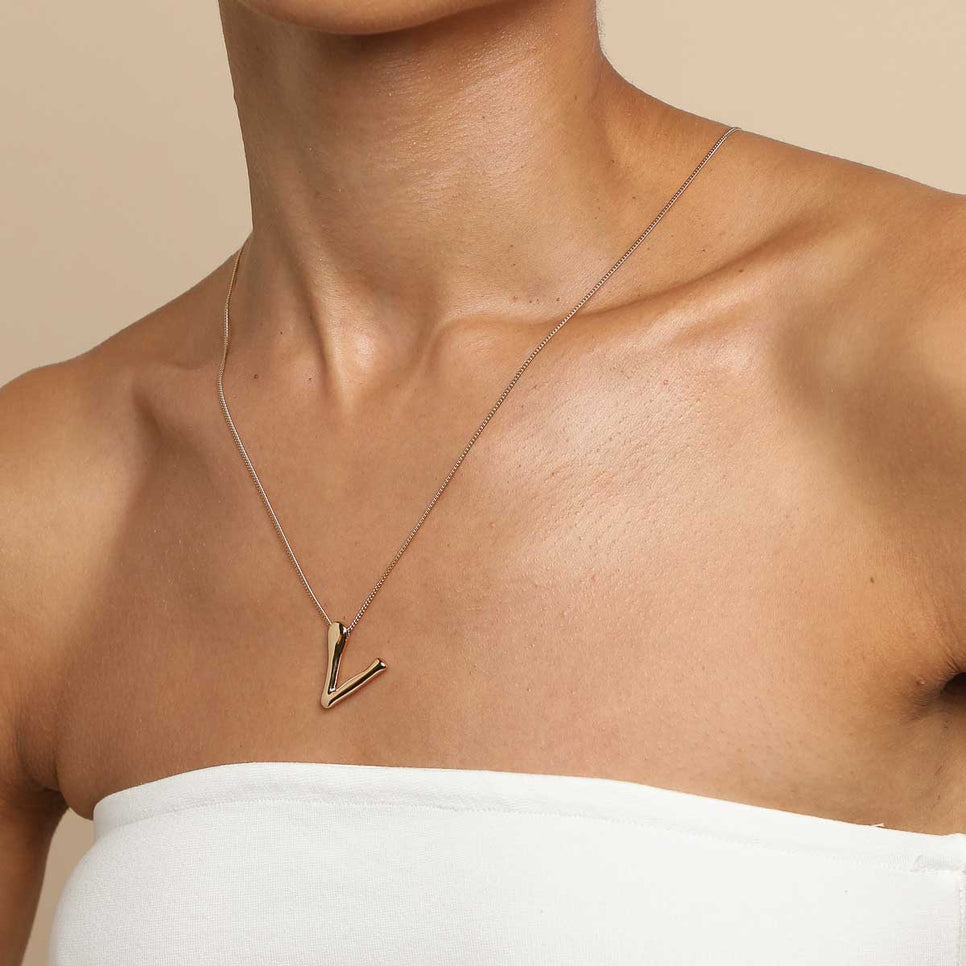 18k Gold Plated Jewellery - V Initial Bold Pendant Necklace in Gold - Pendant Necklace - Astrid & Miyu