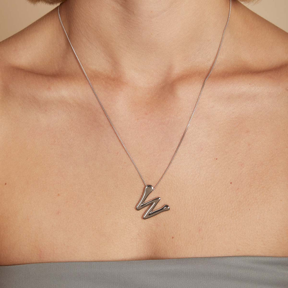 Necklaces & Bracelets - W Initial Bold Pendant Necklace in Silver - Pendant Necklace - Astrid & Miyu