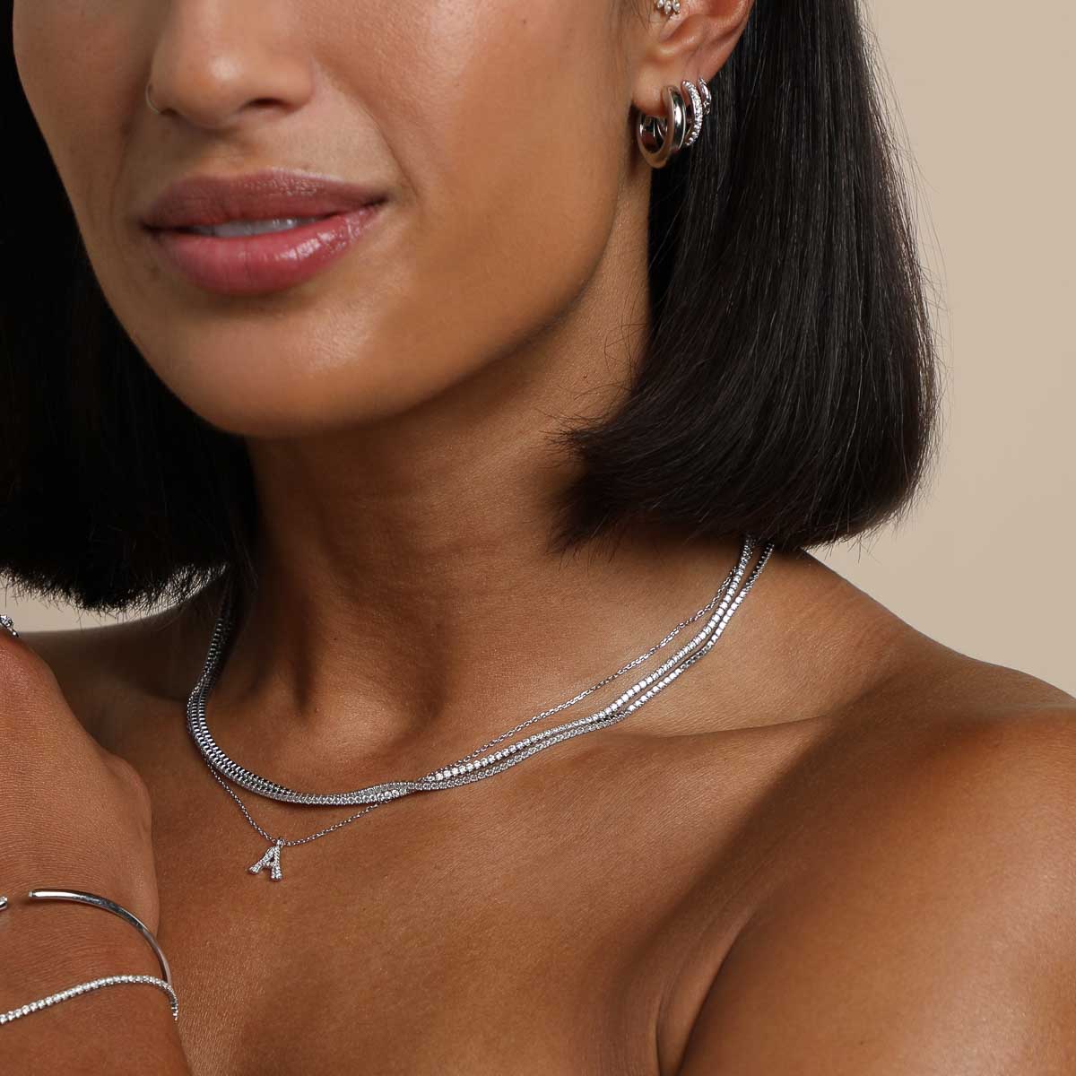 Gemstone Necklaces - A Initial Pavé Pendant Necklace in Silver - Pendant Necklace - Astrid & Miyu