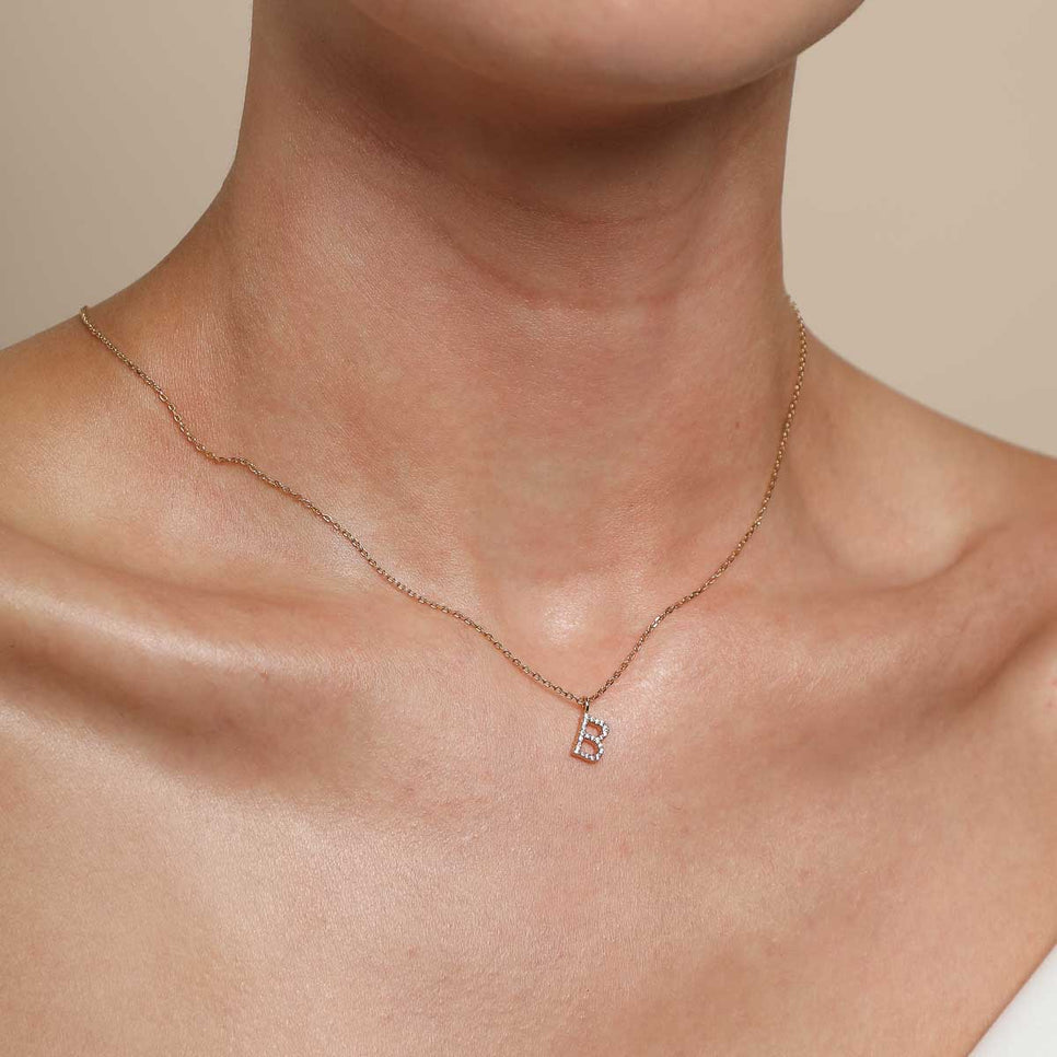 18k Gold Plated Jewellery - B Initial Pavé Pendant Necklace in Gold - Pendant Necklace - Astrid & Miyu