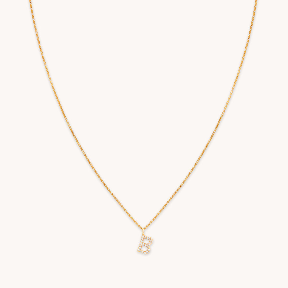 18k Gold Plated Jewellery - B Initial Pavé Pendant Necklace in Gold - Pendant Necklace - Astrid & Miyu