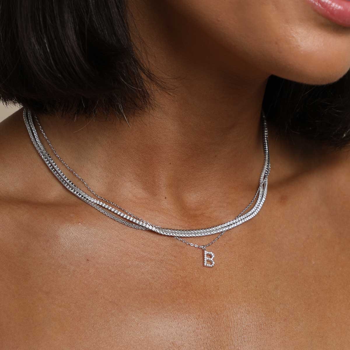 Gemstone Necklaces - B Initial Pavé Pendant Necklace in Silver - Pendant Necklace - Astrid & Miyu