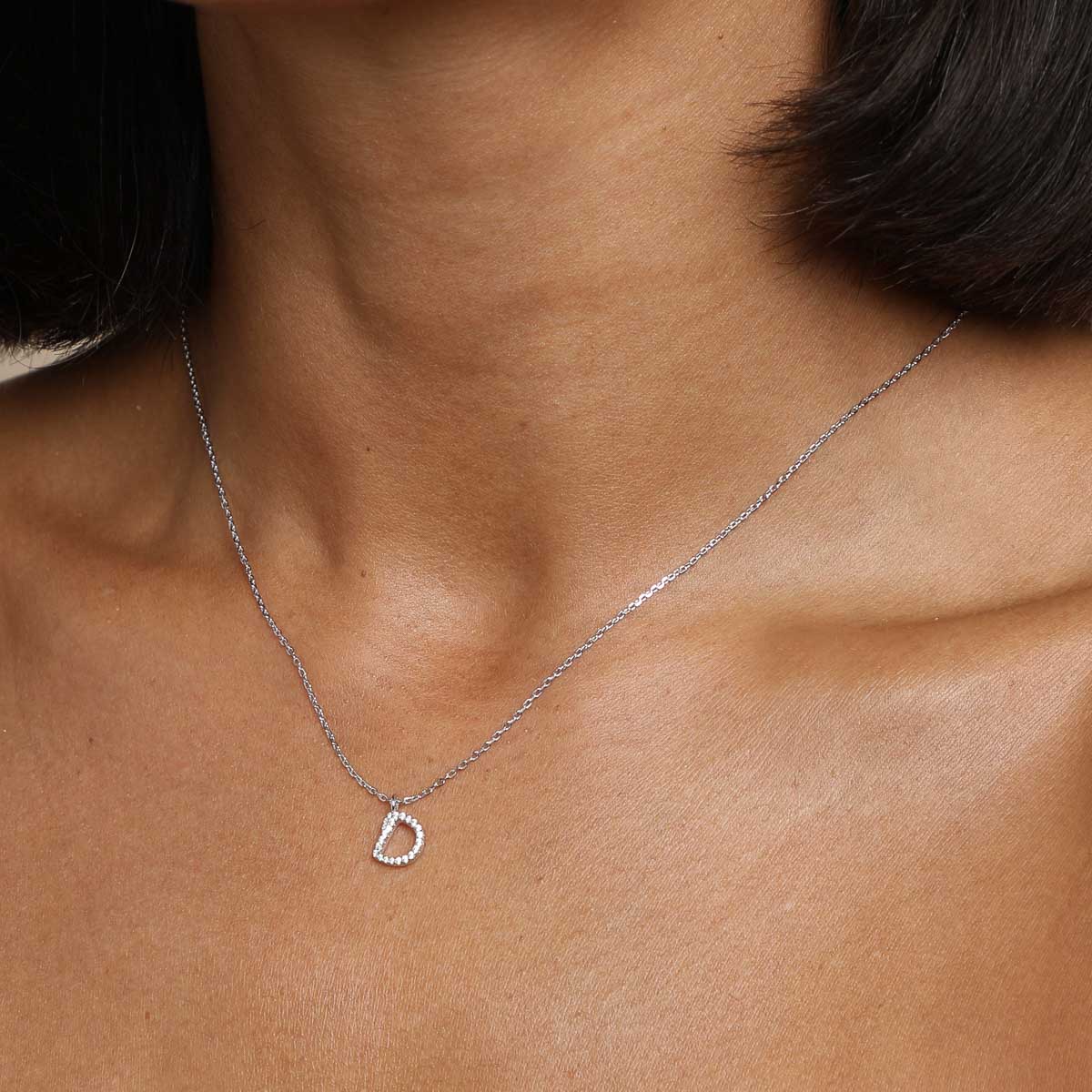 Gemstone Necklaces - D Initial Pavé Pendant Necklace in Silver - Pendant Necklace - Astrid & Miyu