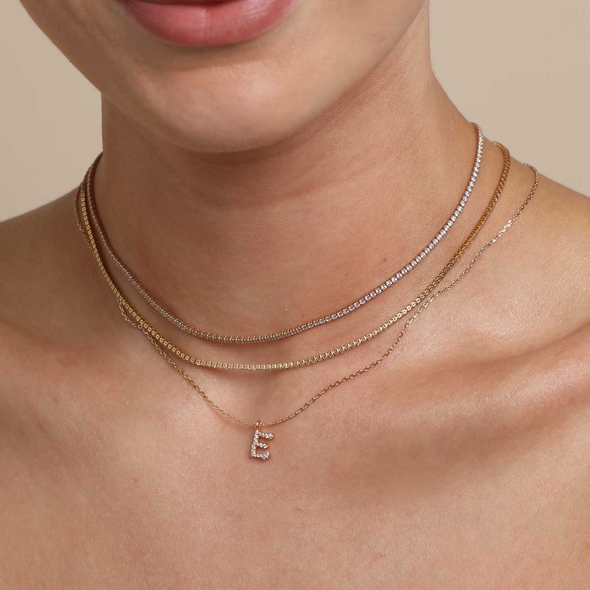 18k Gold Plated Jewellery - E Initial Pavé Pendant Necklace in Gold - Pendant Necklace - Astrid & Miyu