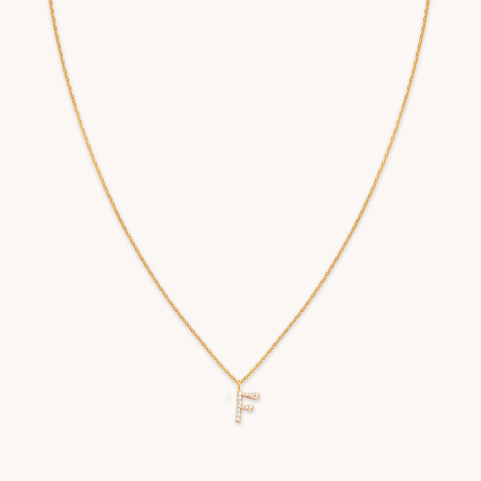 18k Gold Plated Jewellery - F Initial Pavé Pendant Necklace in Gold - Pendant Necklaces - Astrid & Miyu
