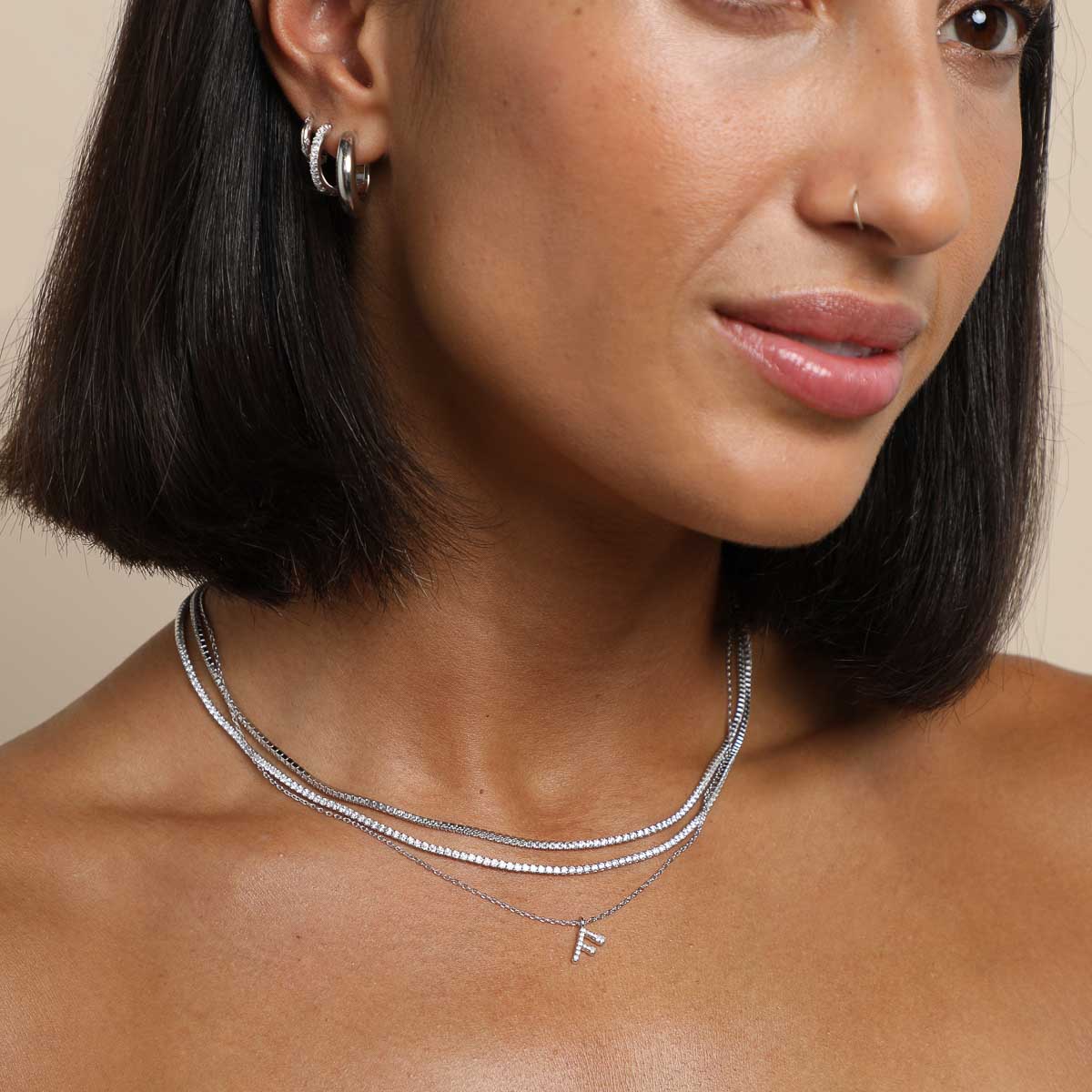 Gemstone Necklaces - F Initial Pavé Pendant Necklace in Silver - Pendant Necklace - Astrid & Miyu