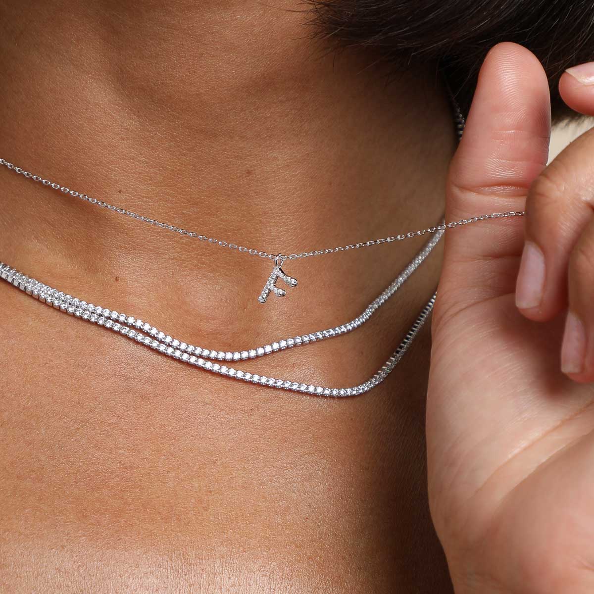 Gemstone Necklaces - F Initial Pavé Pendant Necklace in Silver - Pendant Necklace - Astrid & Miyu