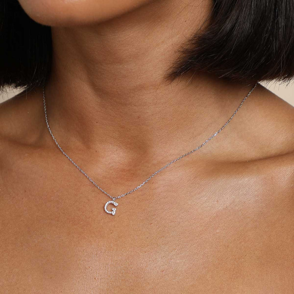Gemstone Necklaces - G Initial Pavé Pendant Necklace in Silver - Pendant Necklace - Astrid & Miyu