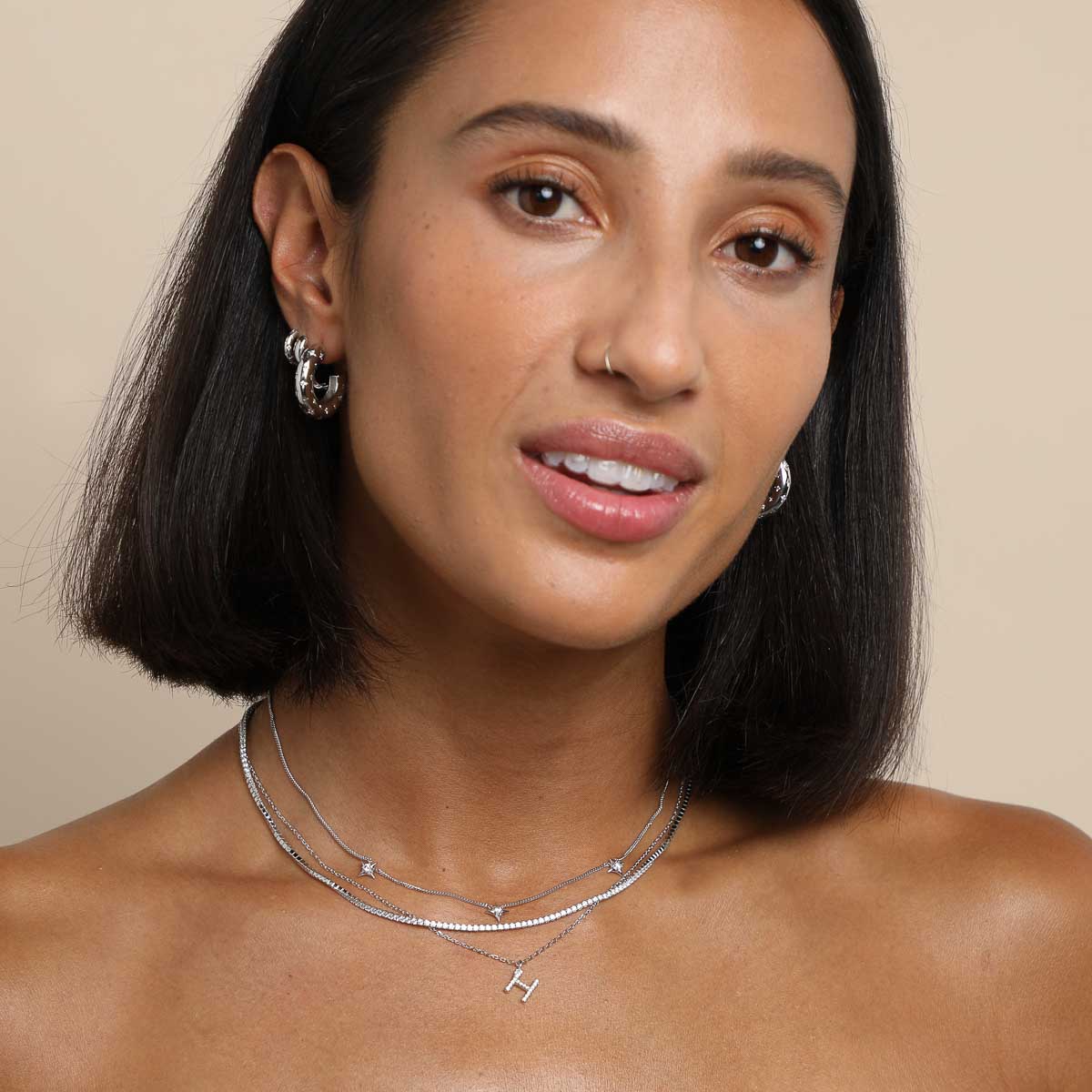 Gemstone Necklaces - H Initial Pavé Pendant Necklace in Silver - Pendant Necklace - Astrid & Miyu