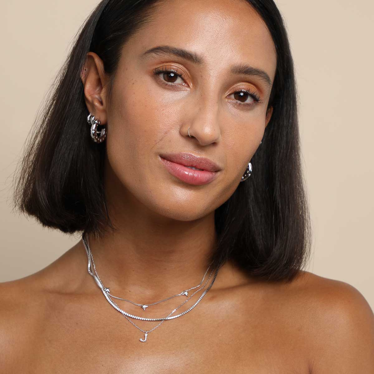 Gemstone Necklaces - J Initial Pavé Pendant Necklace in Silver - Pendant Necklace - Astrid & Miyu