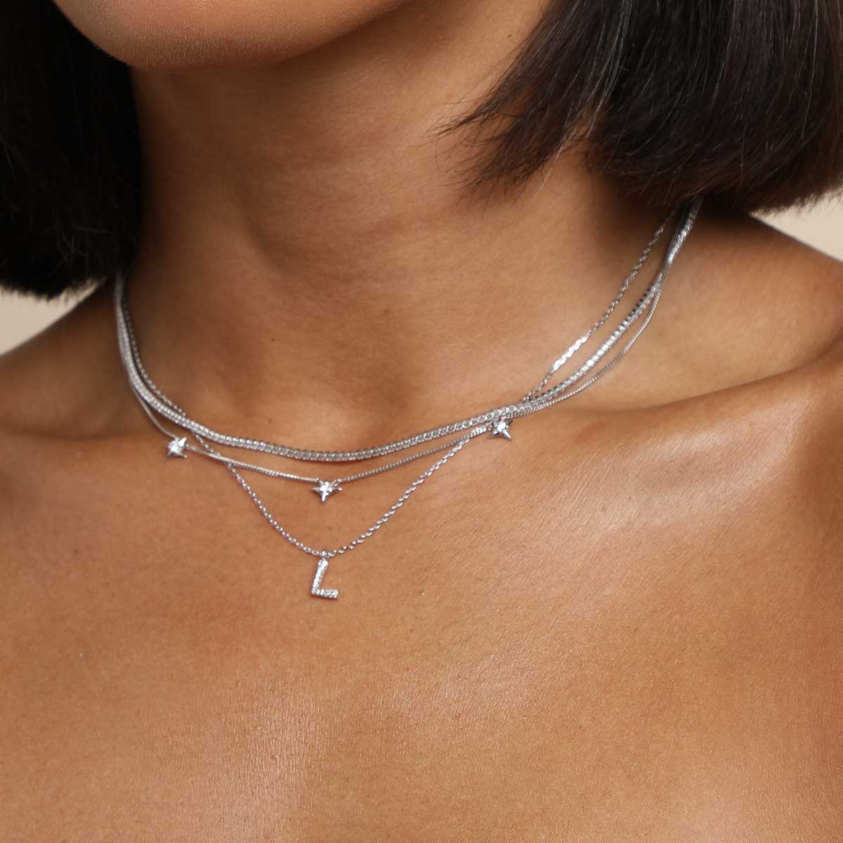 Gemstone Necklaces - L Initial Pavé Pendant Necklace in Silver - Pendant Necklace - Astrid & Miyu