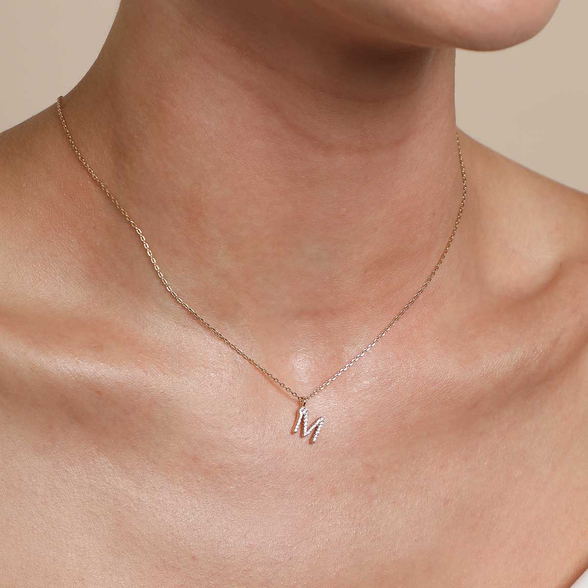 18k Gold Plated Jewellery - M Initial Pavé Pendant Necklace in Gold - Pendant Necklace - Astrid & Miyu
