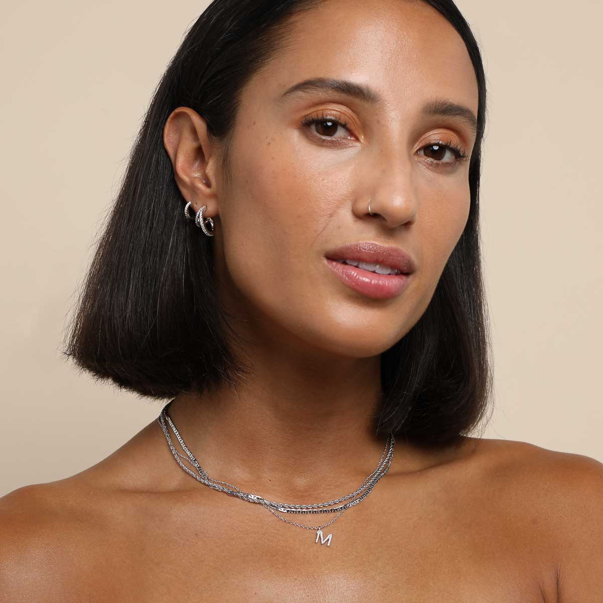 Gemstone Necklaces - M Initial Pavé Pendant Necklace in Silver - Pendant Necklace - Astrid & Miyu