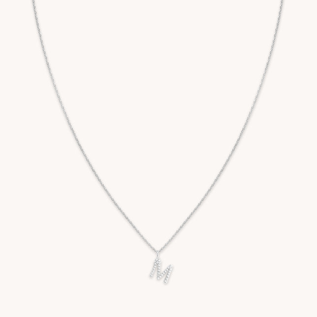 M Initial Pavé Pendant Necklace in Silver