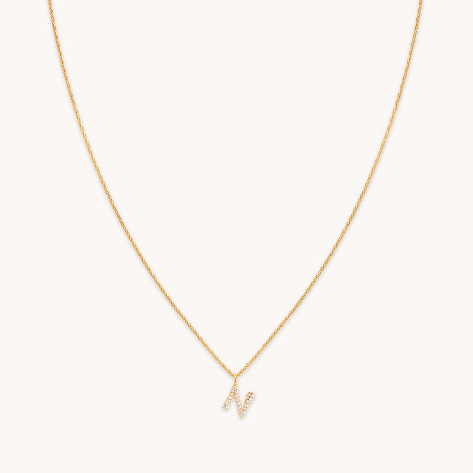 18k Gold Plated Jewellery - N Initial Pavé Pendant Necklace in Gold - Pendant Necklace - Astrid & Miyu