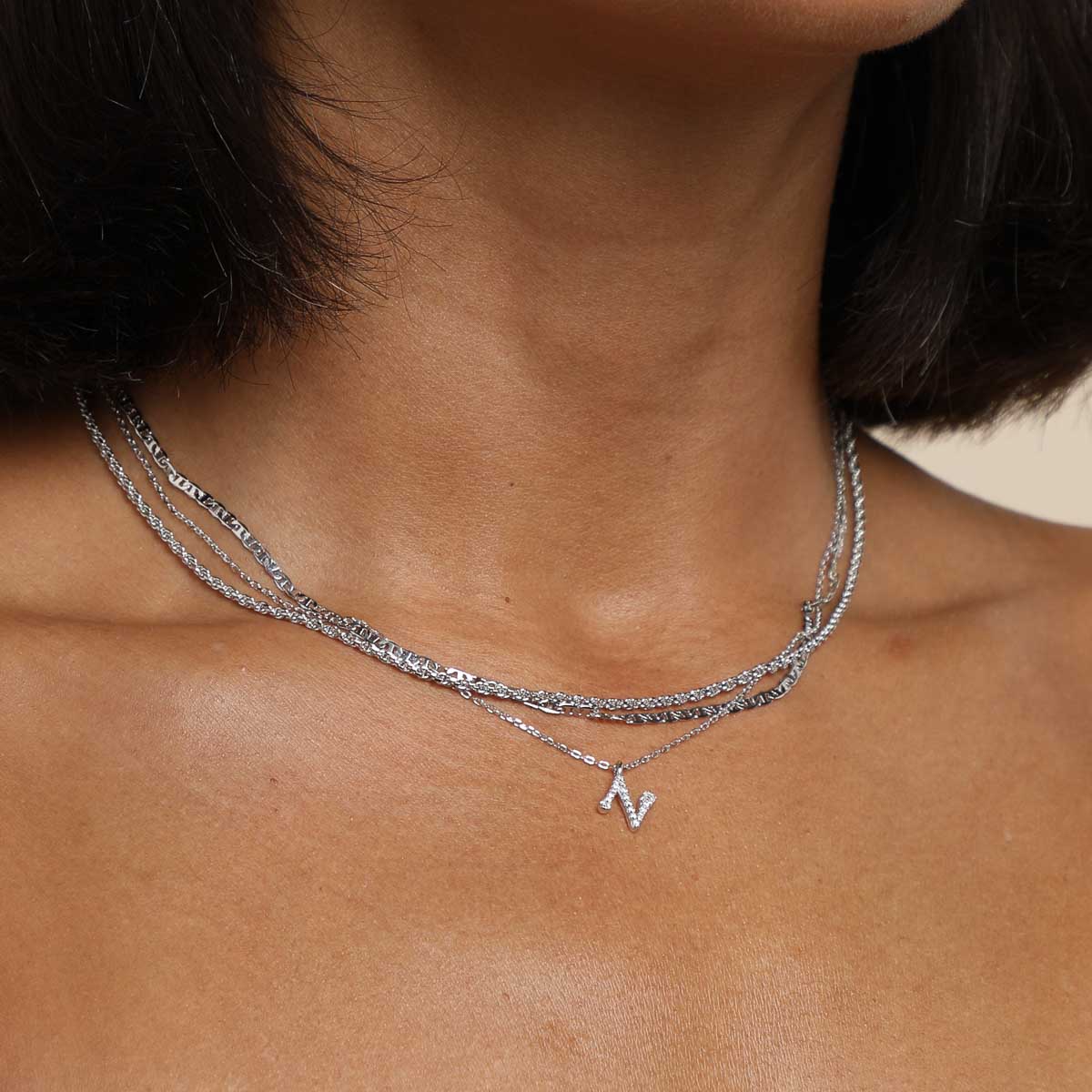 Gemstone Necklaces - N Initial Pavé Pendant Necklace in Silver - Pendant Necklace - Astrid & Miyu