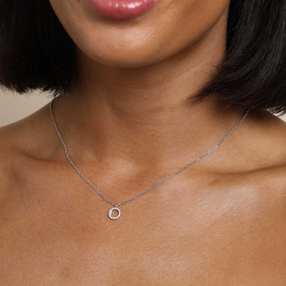 Gemstone Necklaces - O Initial Pavé Pendant Necklace in Silver - Pendant Necklace - Astrid & Miyu