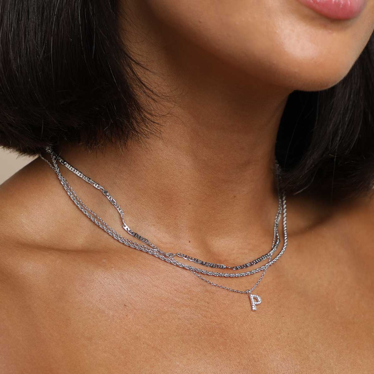 Gemstone Necklaces - P Initial Pavé Pendant Necklace in Silver - Pendant Necklace - Astrid & Miyu
