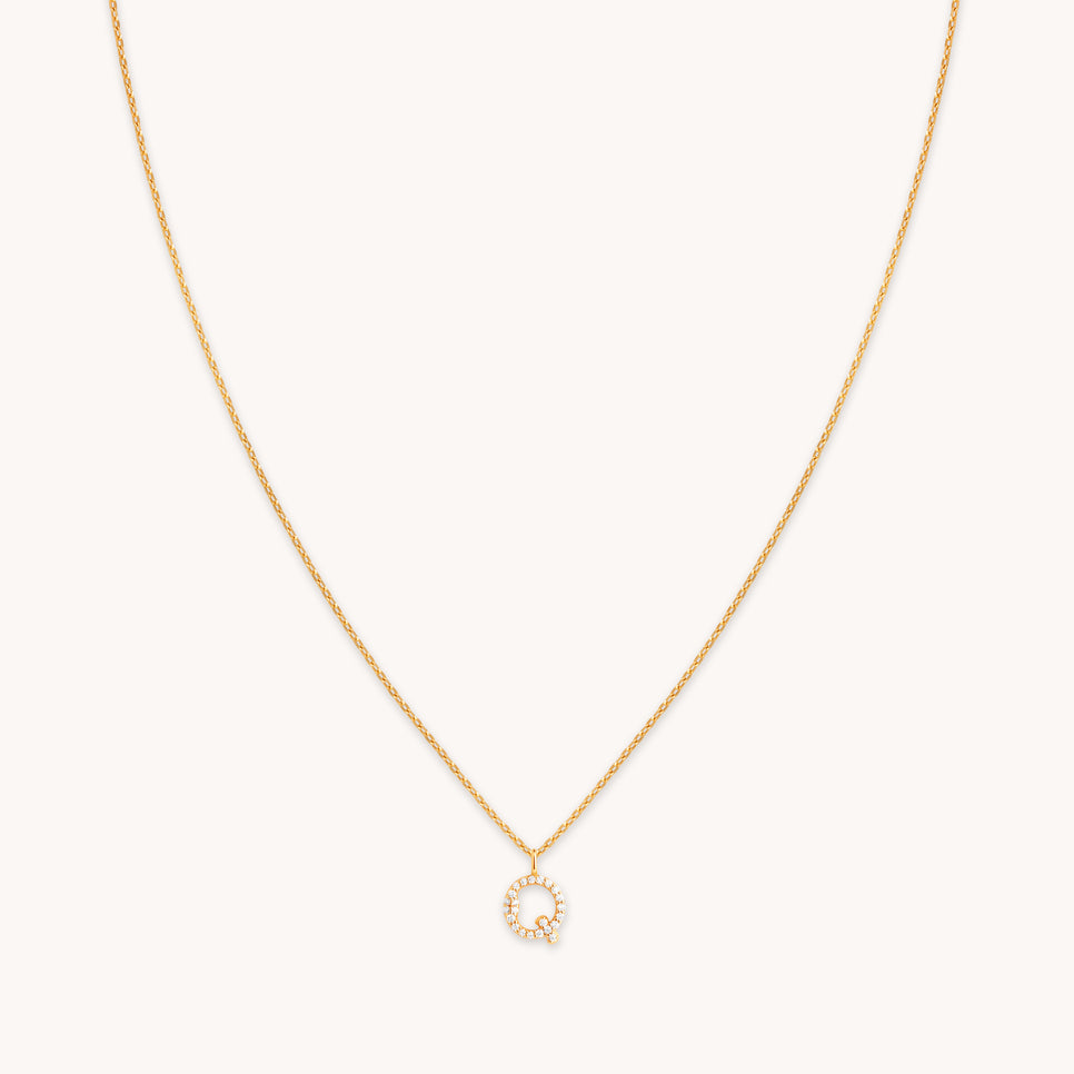 18k Gold Plated Jewellery - Q Initial Pavé Pendant Necklace in Gold - Pendant Necklace - Astrid & Miyu