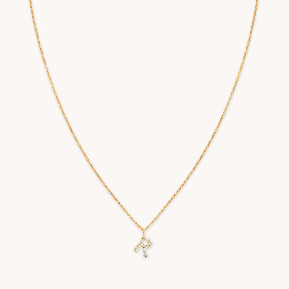 18k Gold Plated Jewellery - R Initial Pavé Pendant Necklace in Gold - Pendant Necklace - Astrid & Miyu
