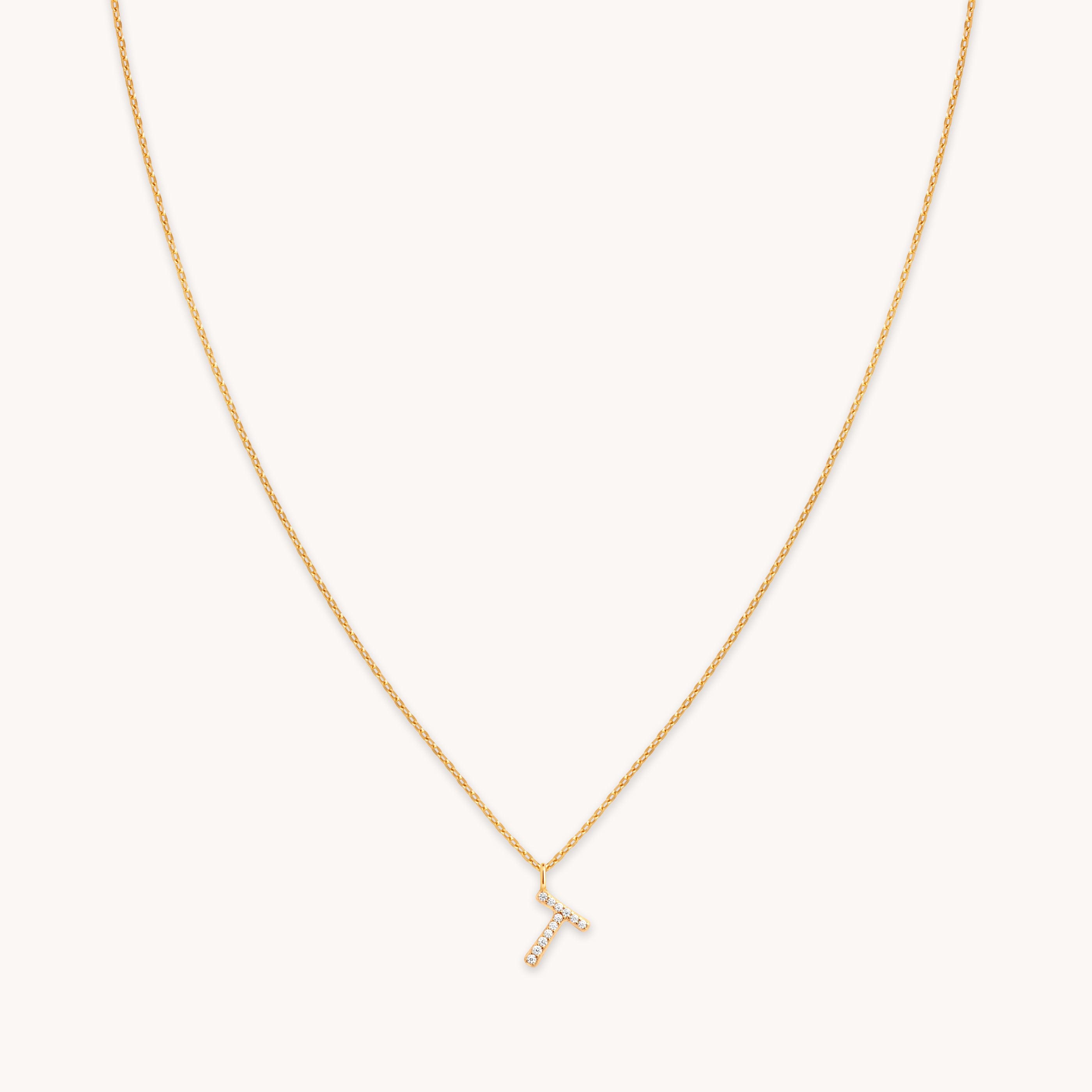 18k Gold Plated Jewellery - T Initial Pavé Pendant Necklace in Gold - Pendant Necklace - Astrid & Miyu