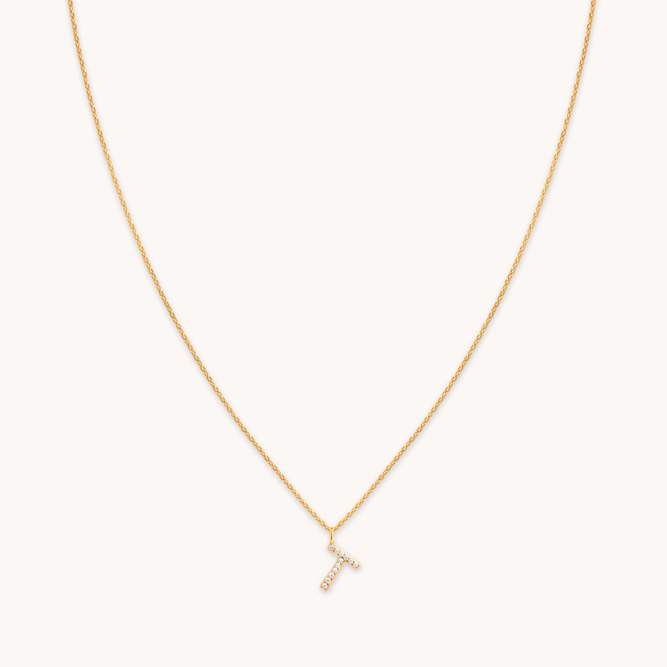18k Gold Plated Jewellery - T Initial Pavé Pendant Necklace in Gold - Pendant Necklace - Astrid & Miyu
