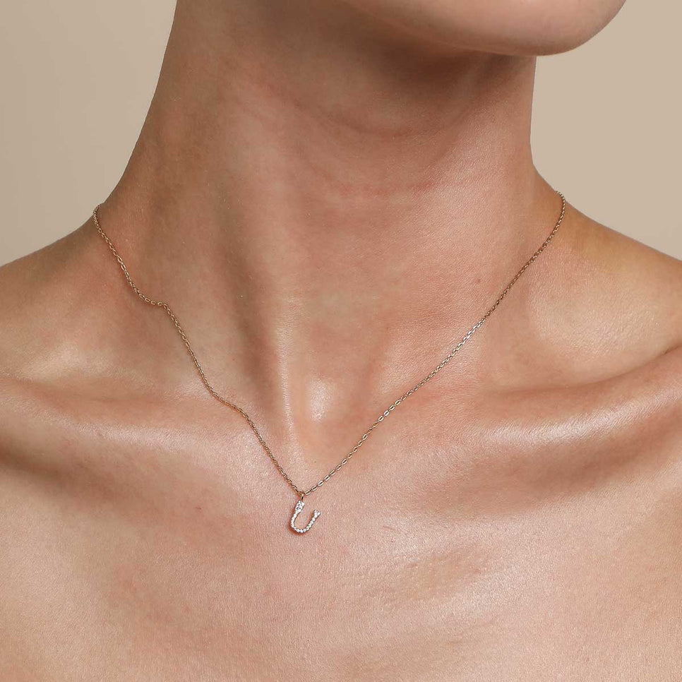 18k Gold Plated Jewellery - U Initial Pavé Pendant Necklace in Gold - Pendant Necklace - Astrid & Miyu