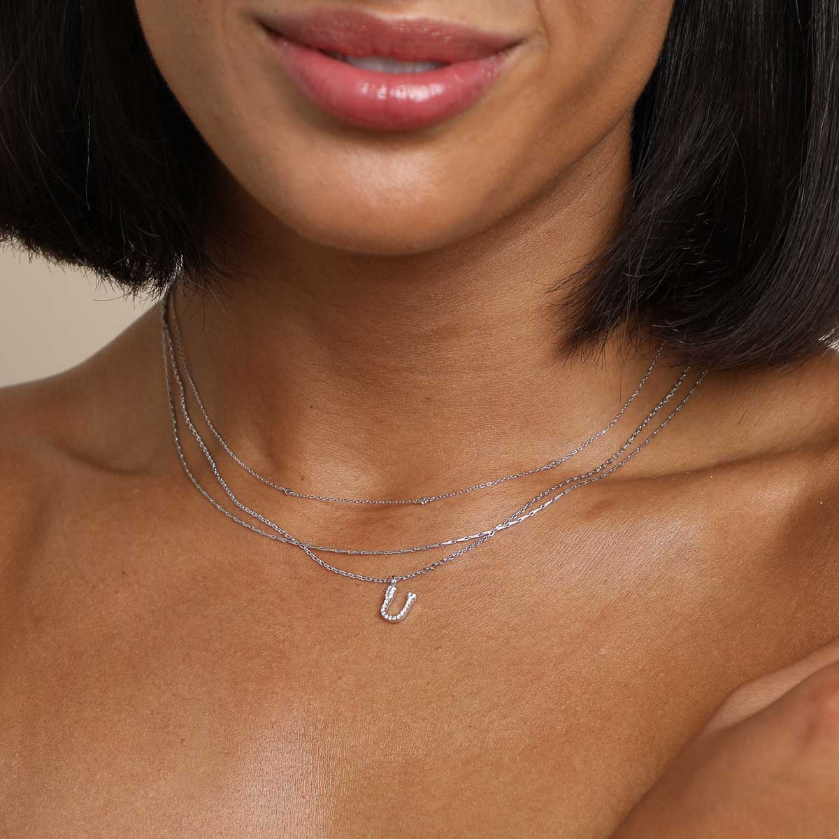 Gemstone Necklaces - U Initial Pavé Pendant Necklace in Silver - Pendant Necklace - Astrid & Miyu