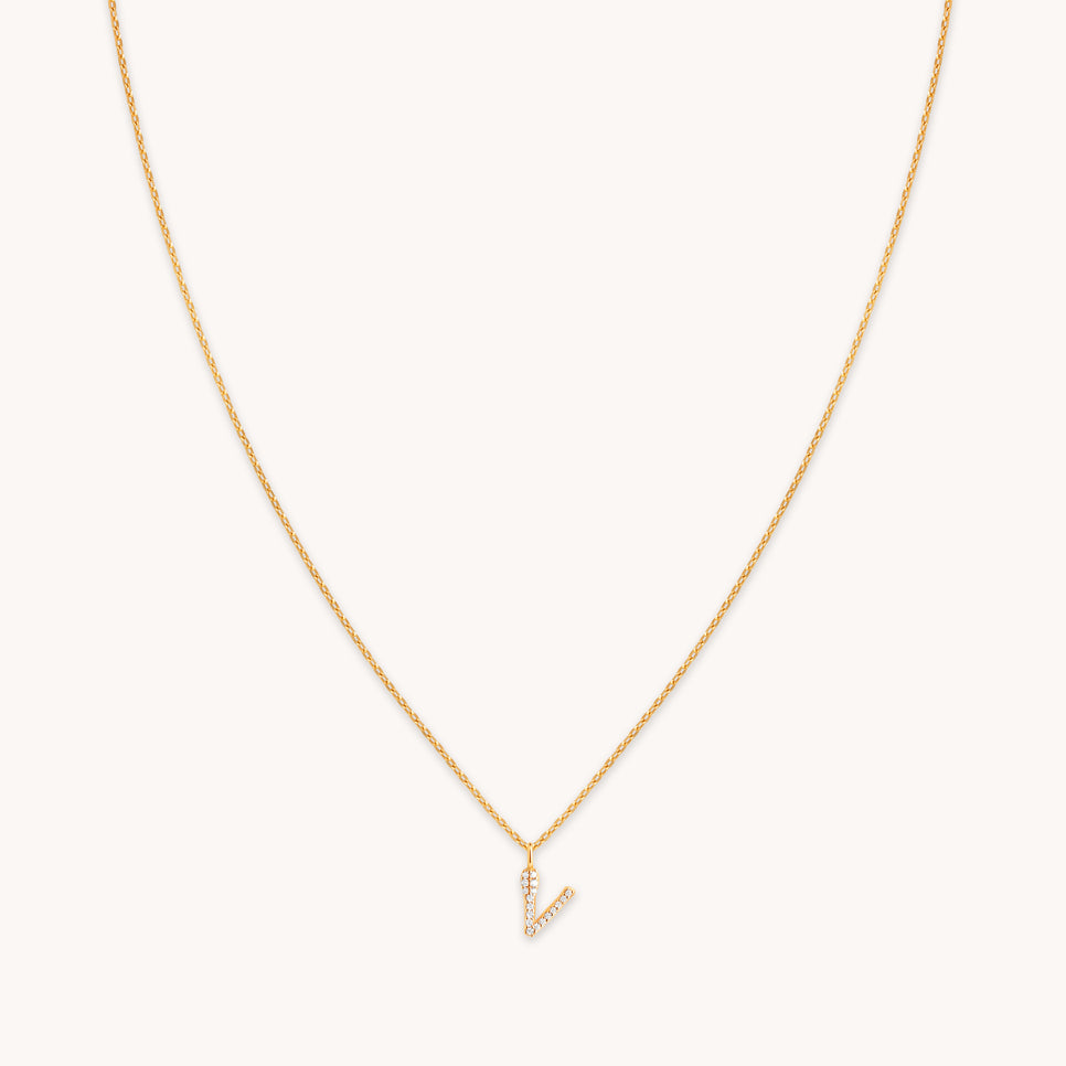 18k Gold Plated Jewellery - V Initial Pavé Pendant Necklace in Gold - Pendant Necklace - Astrid & Miyu
