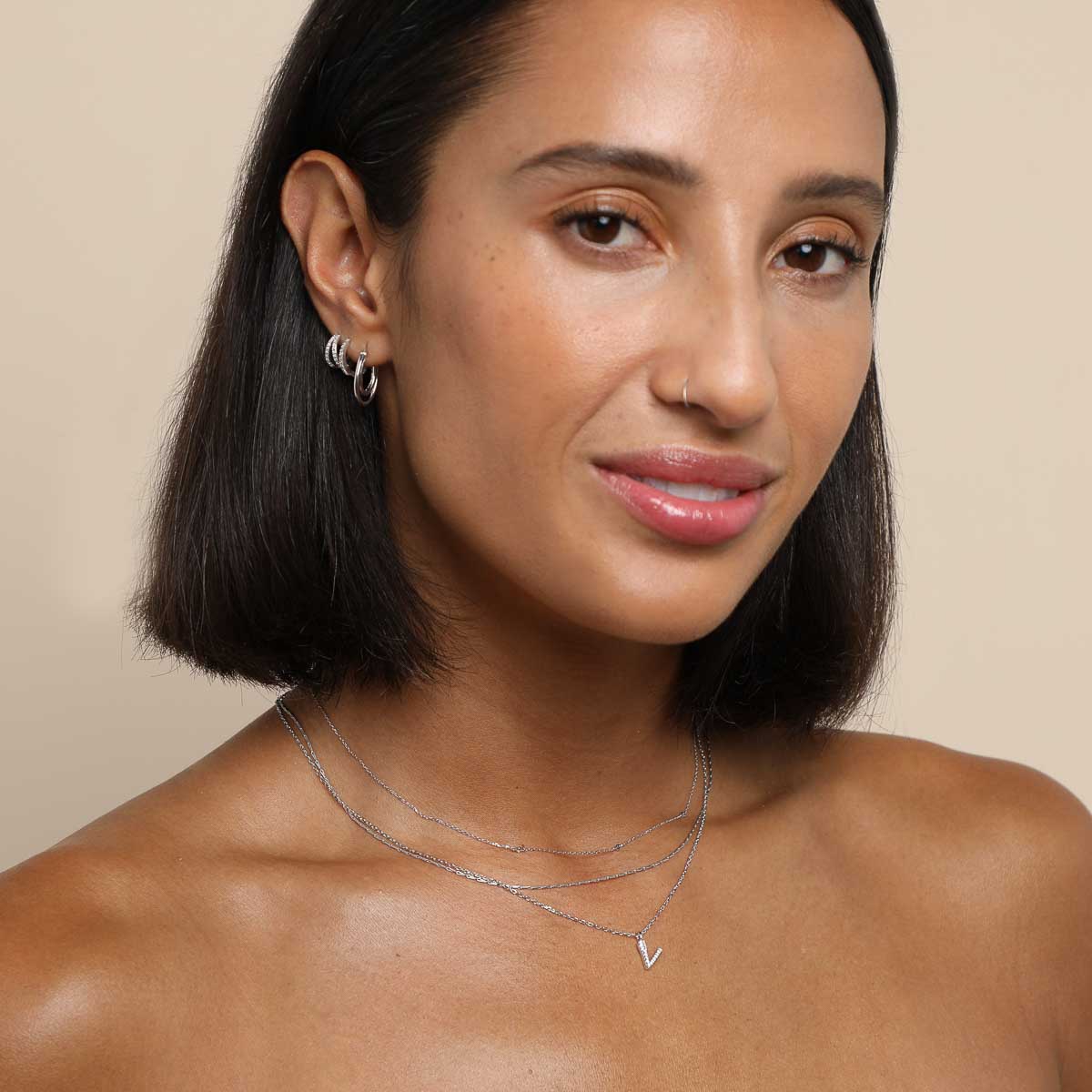 Gemstone Necklaces - V Initial Pavé Pendant Necklace in Silver - Pendant Necklace - Astrid & Miyu