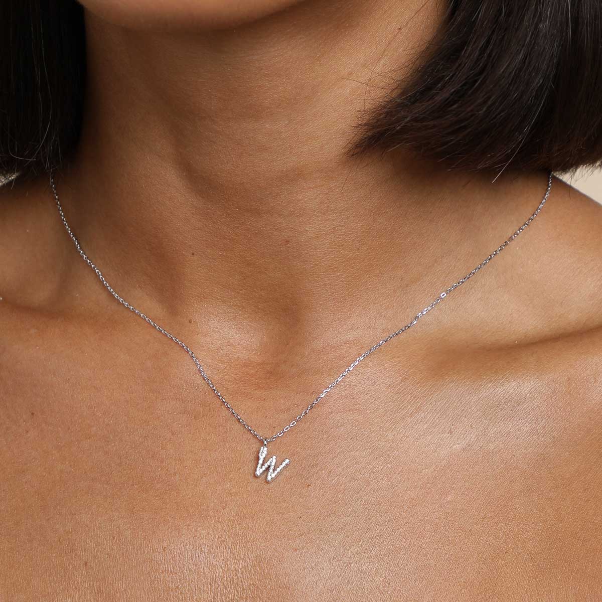 Gemstone Necklaces - W Initial Pavé Pendant Necklace in Silver - Pendant Necklace - Astrid & Miyu