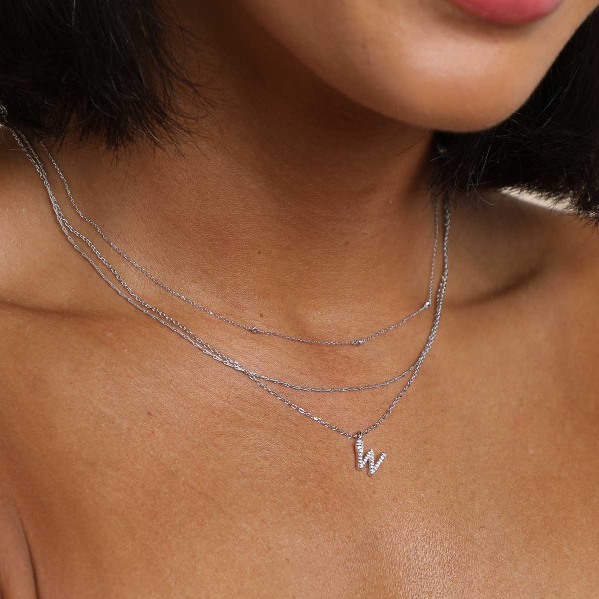 Gemstone Necklaces - W Initial Pavé Pendant Necklace in Silver - Pendant Necklace - Astrid & Miyu