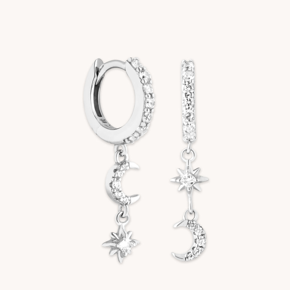 Star & Moon Charm Huggies in Silver-Astrid & Miyu