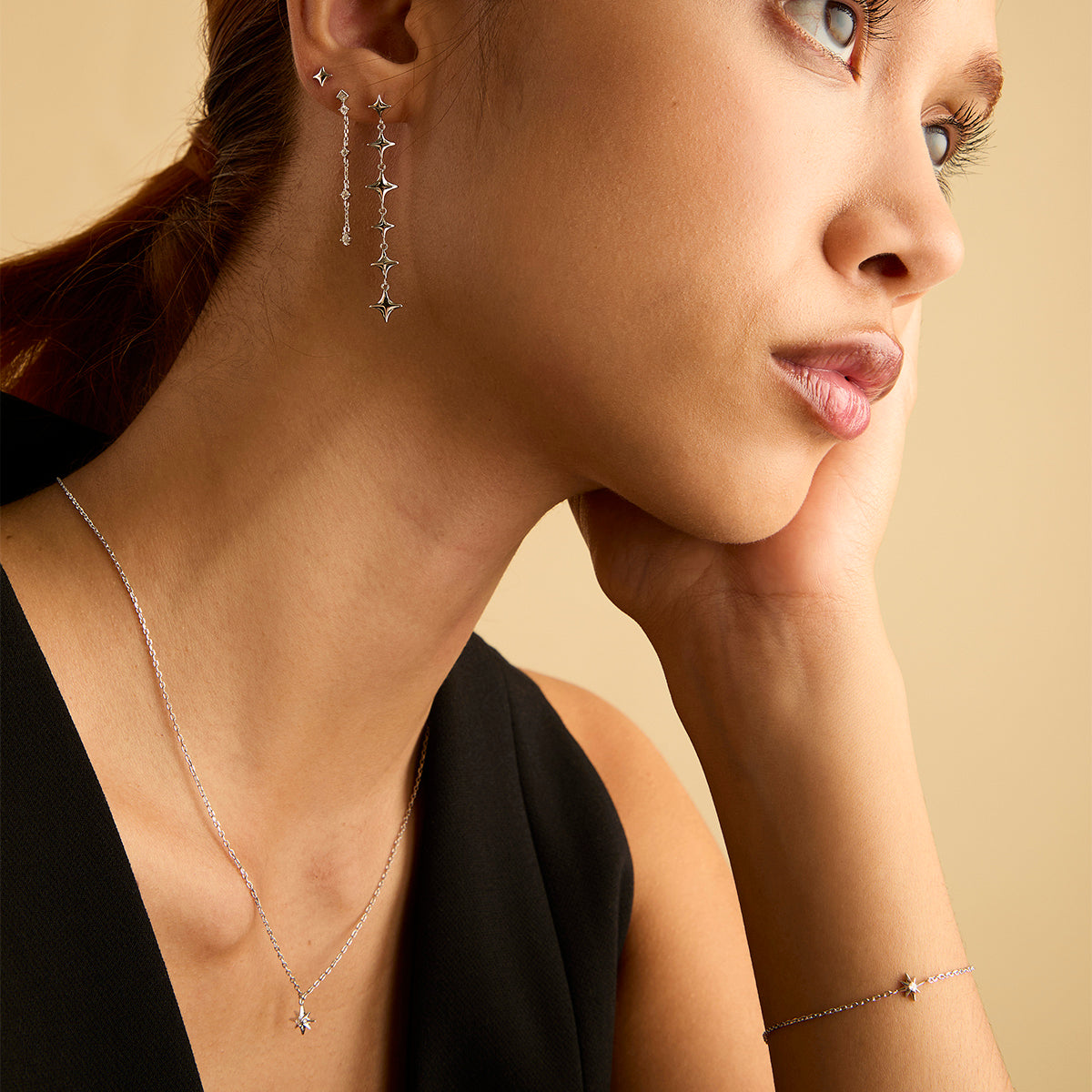 Crystal Chain Drop Studs in Silver-Astrid & Miyu