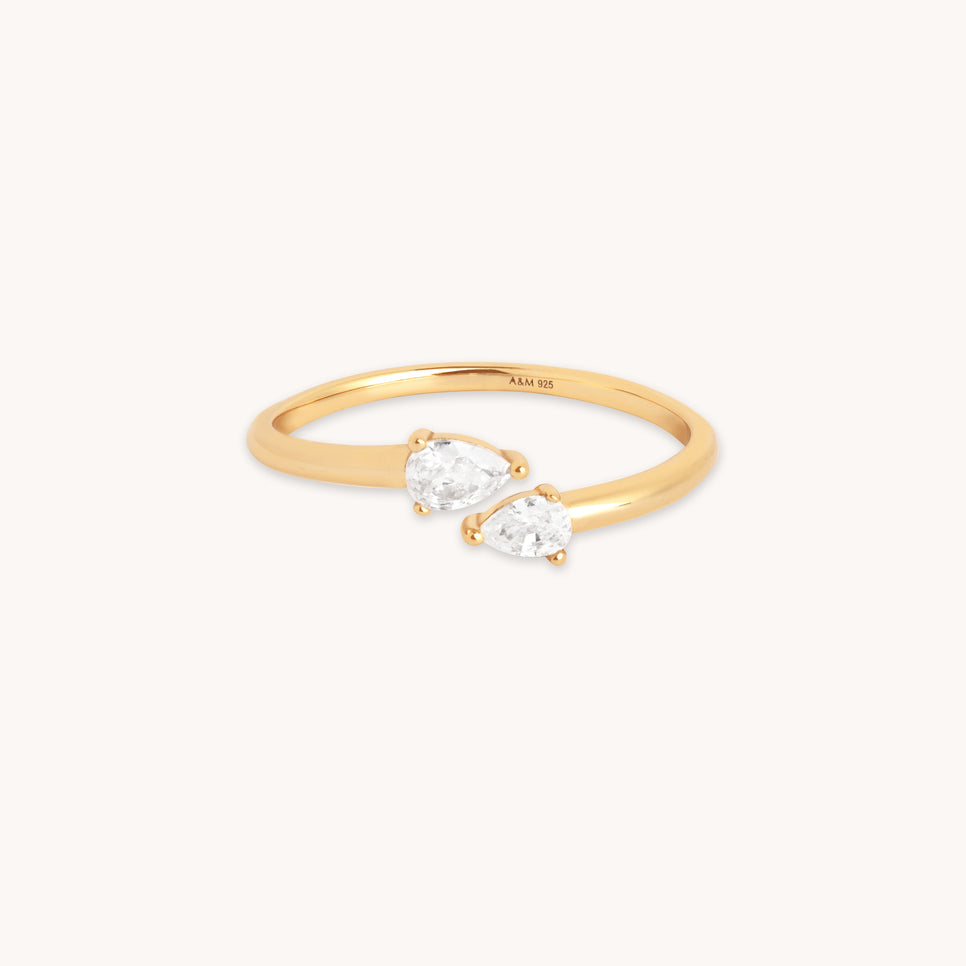 18k Gold Plated Jewellery - Crystal Pear Open Ring in Gold - Band Ring - Astrid & Miyu