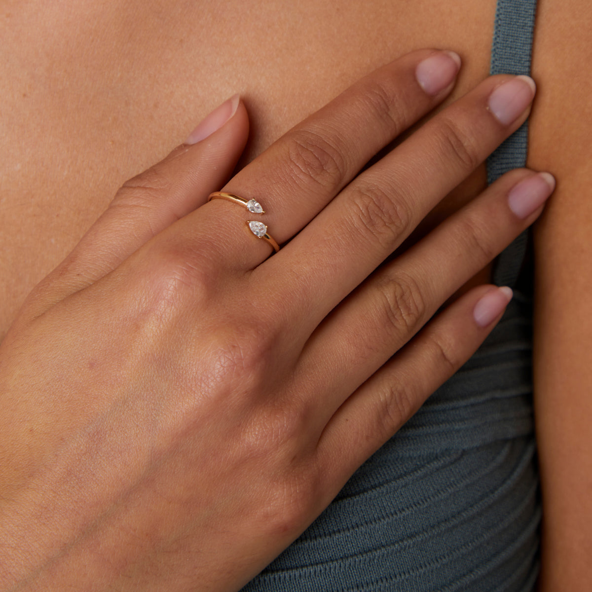 18k Gold Plated Jewellery - Crystal Pear Open Ring in Gold - Band Ring - Astrid & Miyu