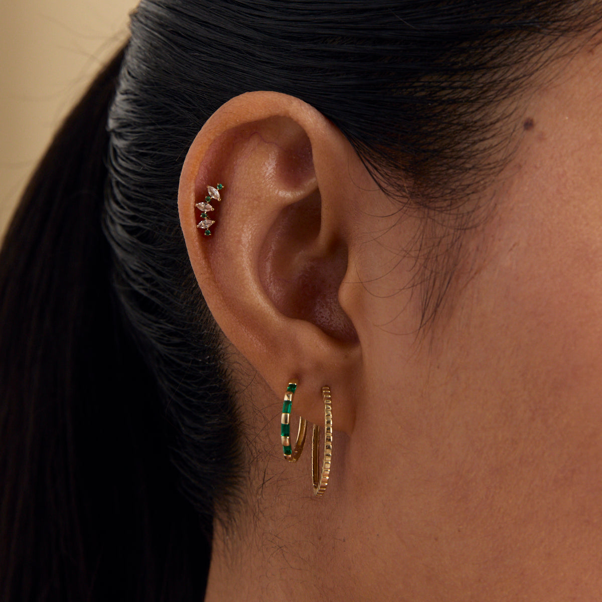 Flat Back Labret Studs - Emerald Marquise Curved Piercing Stud in Solid Gold - Piercing Stud - Astrid & Miyu