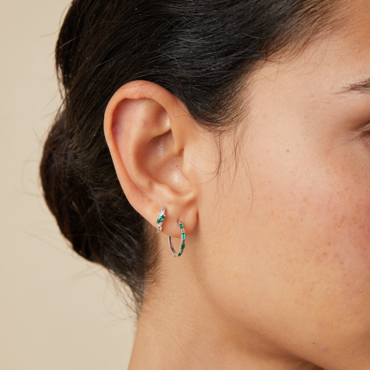 Daith Piercing Jewellery - Emerald Cluster Piercing Hoop in Solid White Gold - Hoop Earrings - Astrid & Miyu