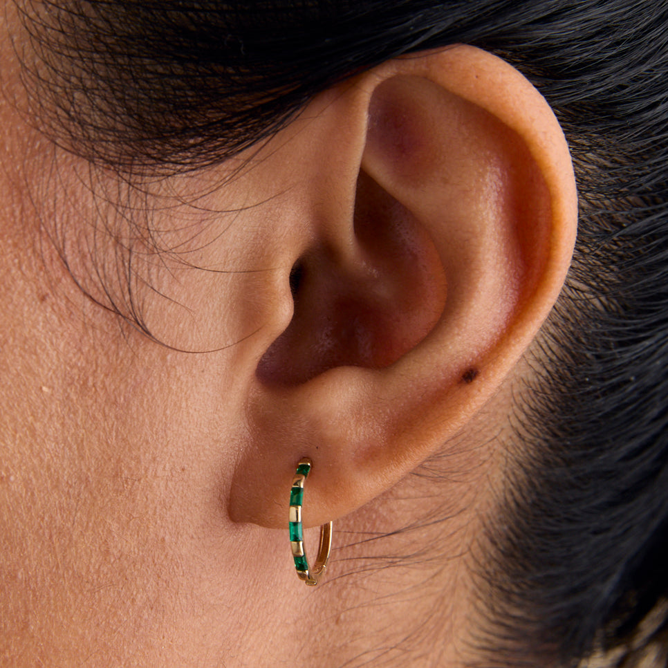 Earrings - Emerald Baguette Hoops in Solid Gold - Hoop Earrings - Astrid & Miyu