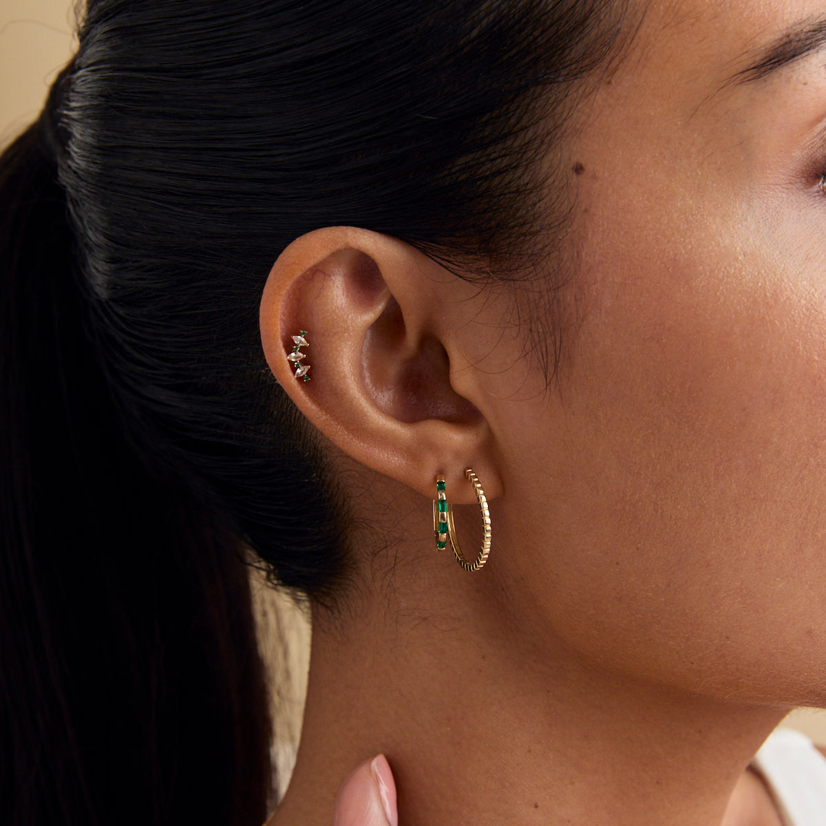 Earrings - Emerald Baguette Hoops in Solid Gold - Hoop Earrings - Astrid & Miyu