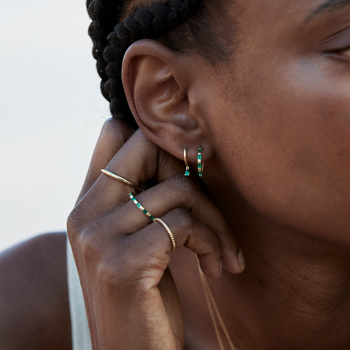 Earrings - Emerald Baguette Hoops in Solid Gold - Hoop Earrings - Astrid & Miyu